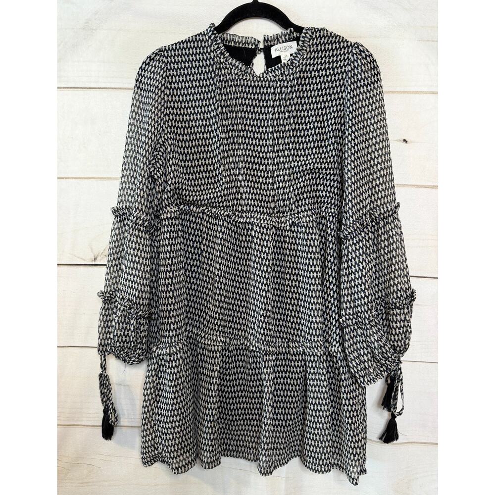 Allison New York Sz SM Long Sleeve Dress Ruffled Collar Blue White Print Tassels